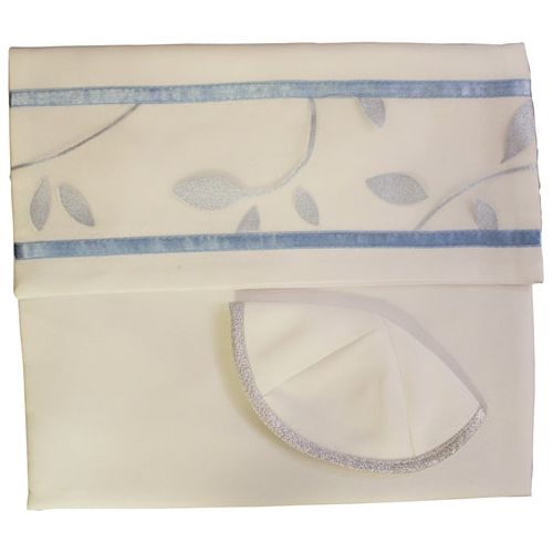 Blue Flower Embroidered Viscose Women's  Girls Tallit Talis Hand Made in Israel By Ronit Gur