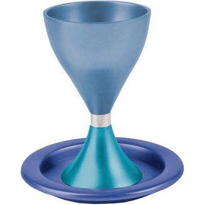 Emanuel Anodized Aluminum Kiddush Cup & Plate Blue Turquoise 5.5"