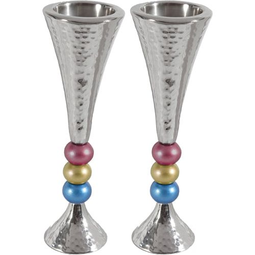 Contemporary Anodized Aluminum Beaded Stem Hammered Shabbat Candlesticks By Emanuel