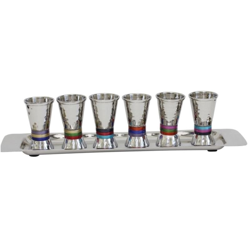 Emanuel Hammered Metal Set of 6 liquor Cups Tray Multicolor Rings Decoration