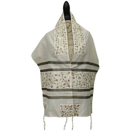 Floral Design Cotton Poly With Silk Embroidery Women's / Girls Tallit / Tallis With Bag & Kippah Mad