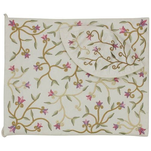Floral Design Cotton Poly With Silk Embroidery Women's / Girls Tallit / Tallis With Bag & Kippah Mad