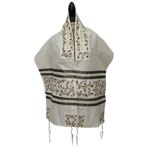 Floral Pomegranate Cotton Poly With Silk Embroidery Women's / Girls Tallit / Tallis With Bag & Kippa