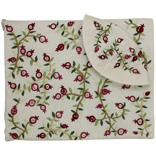 Floral Pomegranate Cotton Poly With Silk Embroidery Women's / Girls Tallit / Tallis With Bag & Kippa