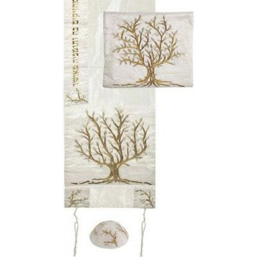 Embroidered Raw Silk Tallit "Tree of Life Gold" Made in Israel By Emanuel