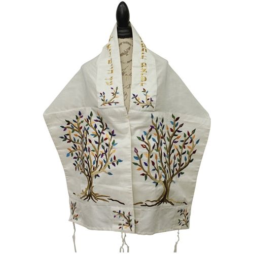 Silk Embroidered Cotton Poly Tallit Tree of Life Multicolor Made in Israel By Emanuel