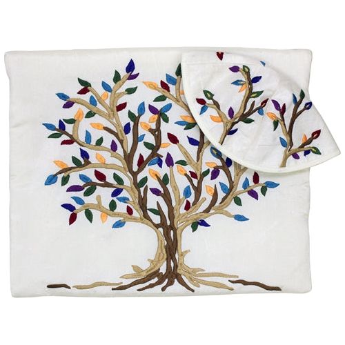 Silk Embroidered Cotton Poly Tallit Tree of Life Multicolor Made in Israel By Emanuel