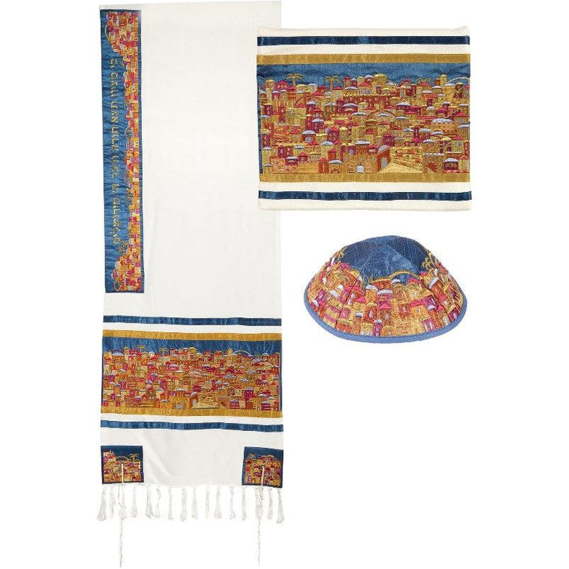 Embroidered Tallit Tallis set Jerusalem Multicolor 20" x 75" Made in Israel By Emanuel