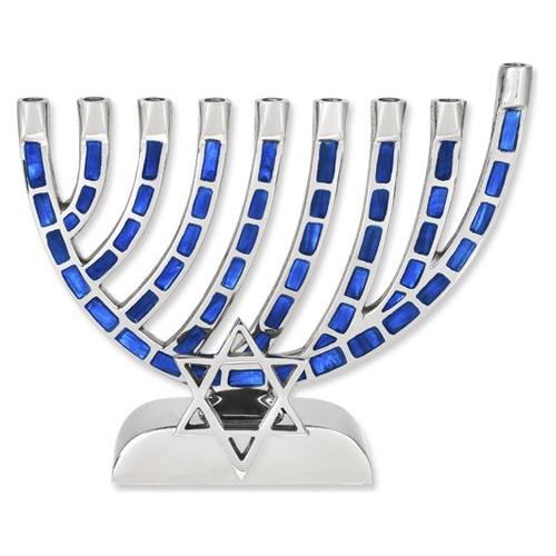 Blue Jeweled Mosaic Aluminum Menorah with Star of David