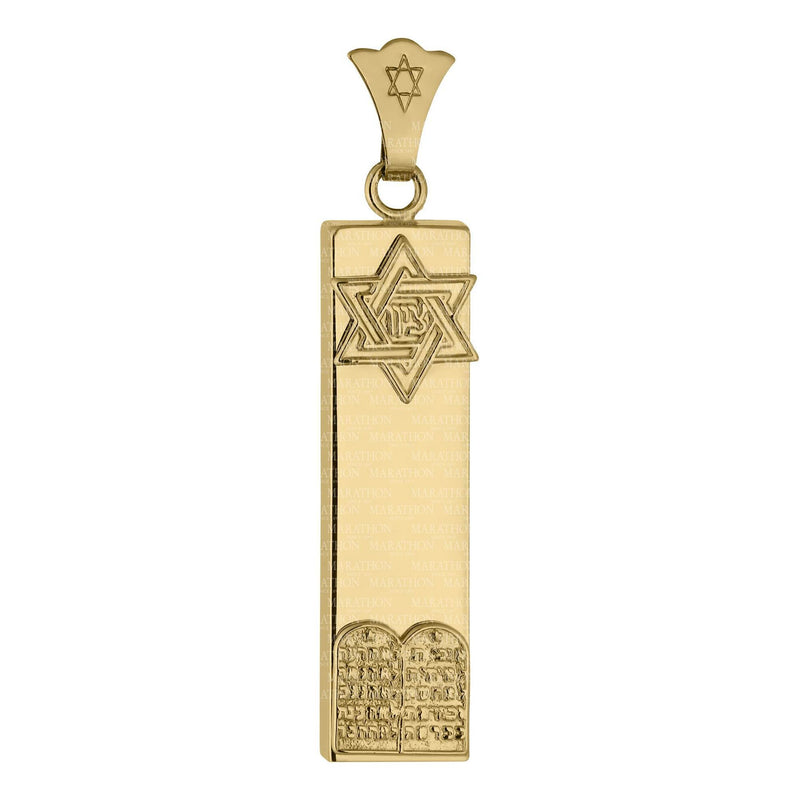 14K Yellow Gold 1″ Rectangular Mezuzah Pendant Star of David ZION Luchot HaBrit
