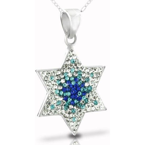 Shades of Blue & White Swarovski Crystals 925 Sterling Silver Jewish Star of David Necklace