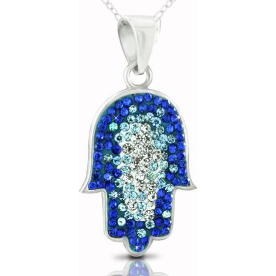 925 Sterling Silver Blue Tone Swarovski Hamsa Pendant Necklace Made in Israel