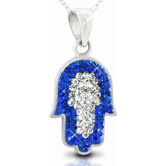 Royal Blue & White Swarovski Crystals Hamsa 925 Sterling Silver Jewish Necklace