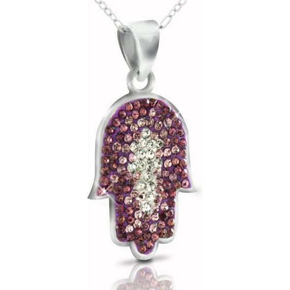925 Sterling Silver Pink or Purple Swarovski Crystals Hamsa Pendant Necklace
