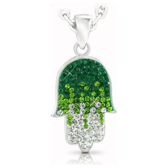 Multi Green White Colored Swarovski Hamsa 925 Sterling Silver Necklace