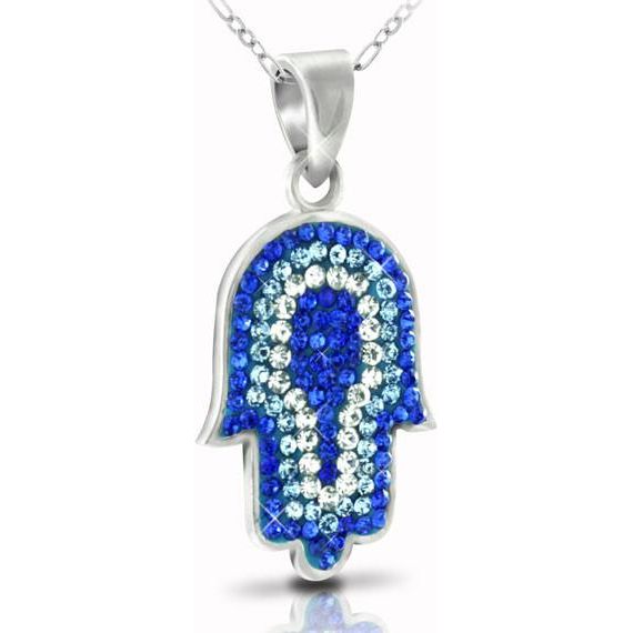925 Sterling Silver Blue Tone Swarovski Hamsa Pendant Necklace Made in Israel