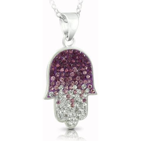 925 Sterling Silver Pink or Purple Swarovski Crystals Hamsa Pendant Necklace