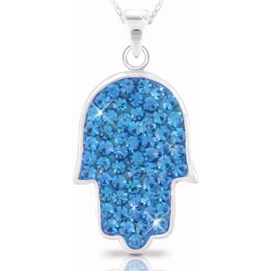 925 Sterling Silver Blue Tone Swarovski Hamsa Pendant Necklace Made in Israel