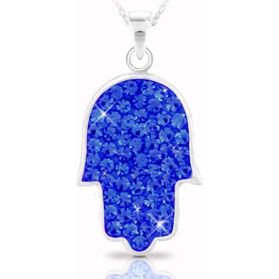 925 Sterling Silver Blue Tone Swarovski Hamsa Pendant Necklace Made in Israel