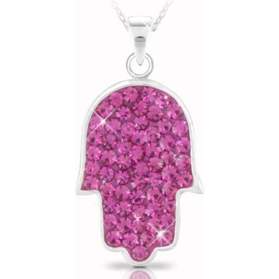 925 Sterling Silver Pink or Purple Swarovski Crystals Hamsa Pendant Necklace