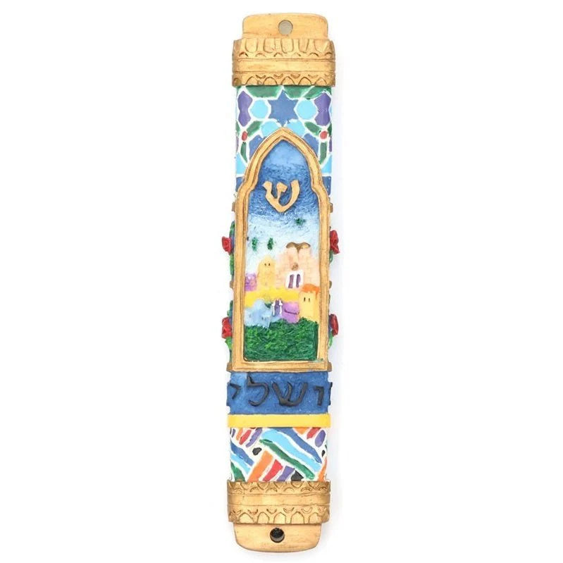 JERUSALEM of Gold  Hand Painted Mezuzah by Reuven Masel $55 Kosher Parchment included