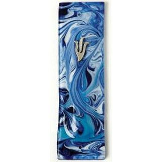Fused Glass Designer Blue & Turquoise Marbled Mezuzah By Tamara Baskin Kosher Parchment included