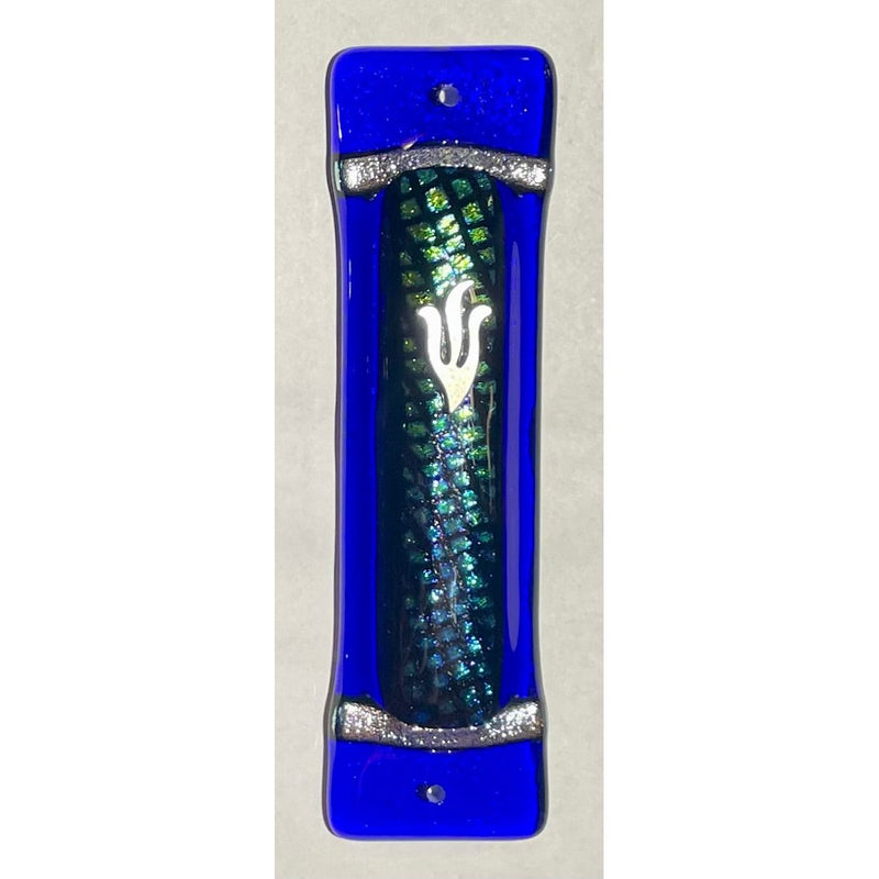 Art Deco Glass Mezuzah Sparkly Fish Scales in Cobalt By Tamara Baskin $55 Kosher Parchment Included