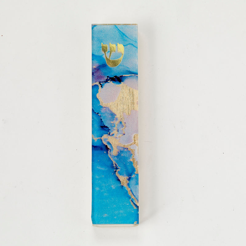Blue Marble Golden Shin Hand Embellished Art Glass Mezuzah case 5.5" x 1.25"
