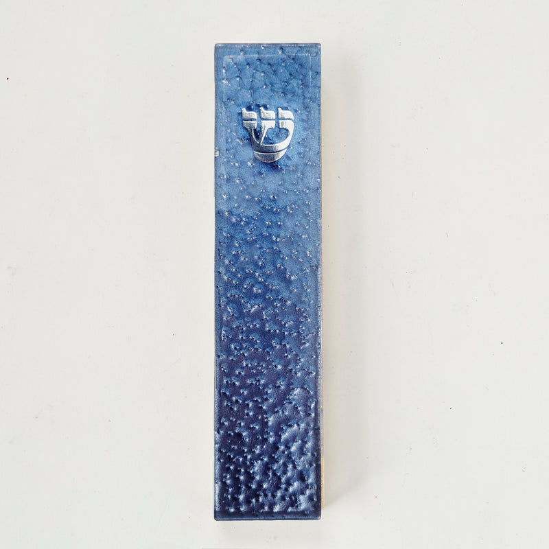 Blue Pebbled Glass Hand Embellished Silver Shin Contemporary Design Art Glass Mezuzah CASE 5.5" X 1.25"