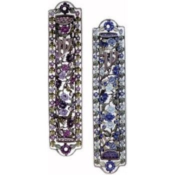 Gemstone Filigree Mezuzah By Reuven Masel Blue or Lavender Kosher Parchment included