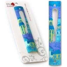 Blue Jerusalem Designer Mezuzah 6" by KFIR Judaica RAEL Kosher Parchment Included