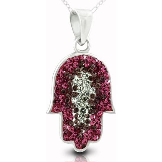 925 Sterling Silver Pink or Purple Swarovski Crystals Hamsa Pendant Necklace