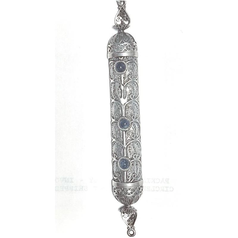 925 Sterling Silver Yemenite Filigree Lapis Lazuli Mezuzah $55 Kosher Parchment Included