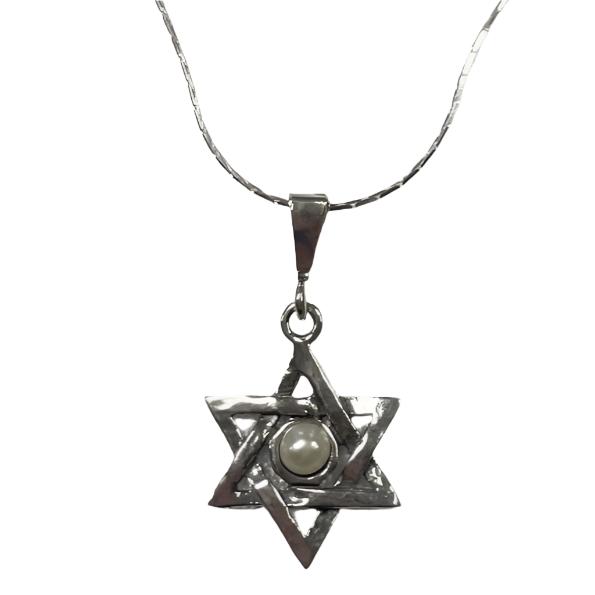 925 Sterling Silver Modern Star of David Pearl Pendant Necklace Made in Israel