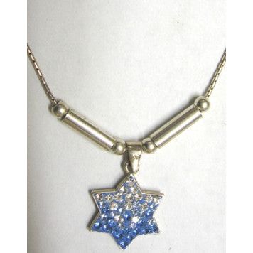 925 Sterling Silver / Blue / White Crystals Star of David Necklace 17"