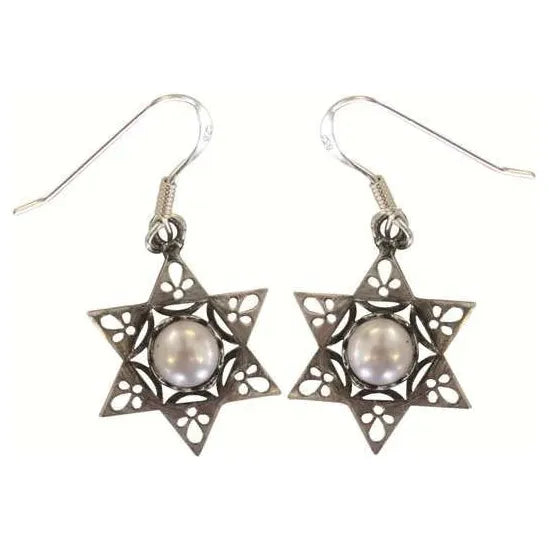 925 Sterling Silver Earrings Star of David With Pearls