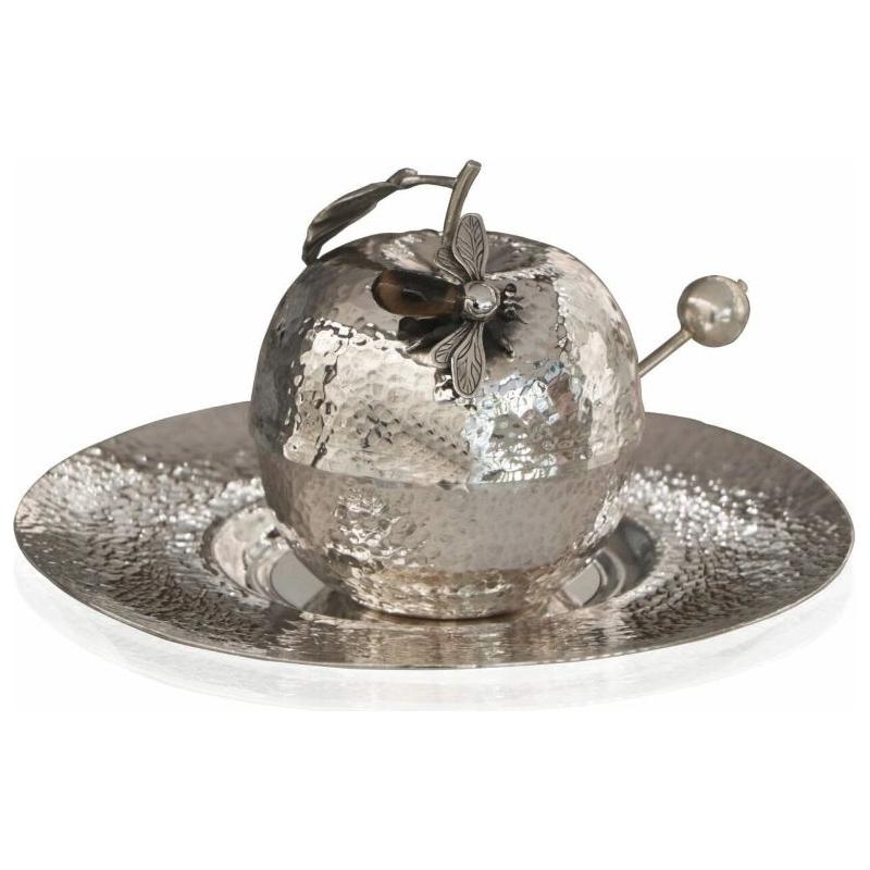 925 Hammered Sterling Silver Apple Shaped Honey Dish Withe Tray Made in Israel by Nadav