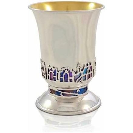 925 Sterling Silver Jerusalem Enameled Kiddush Cup Becher 3.75'' Made in Israel By NADAV