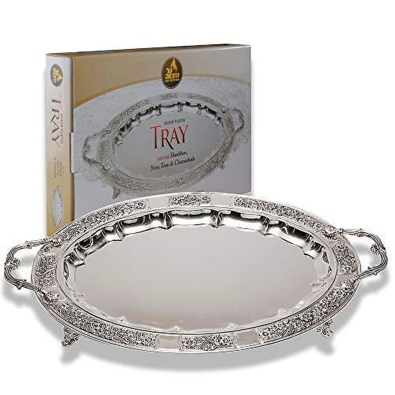 Silver Plated Oval Tray on legs for Shabbat Candle & Menorah Lighting  16" x 12"