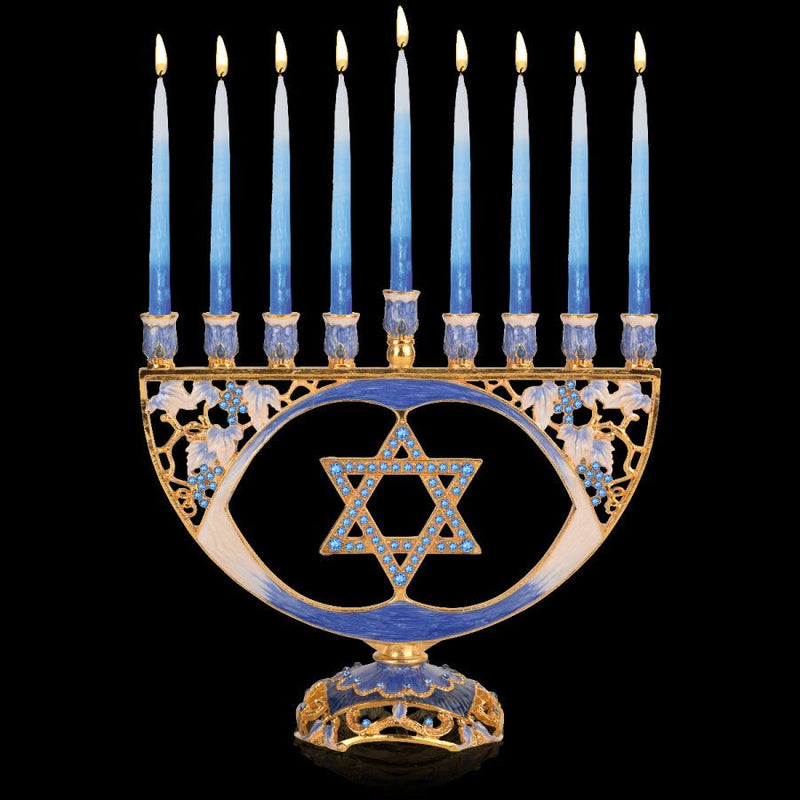 Star of David jeweled Menorah Blue Grapes Swarovski Design 8"x 7"