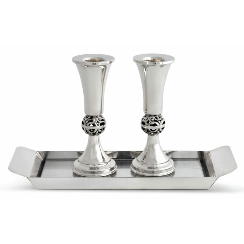925 Sterling Silver Devora Small Candlesticks Candle Holders with TRAY Made in Israel by NADAV