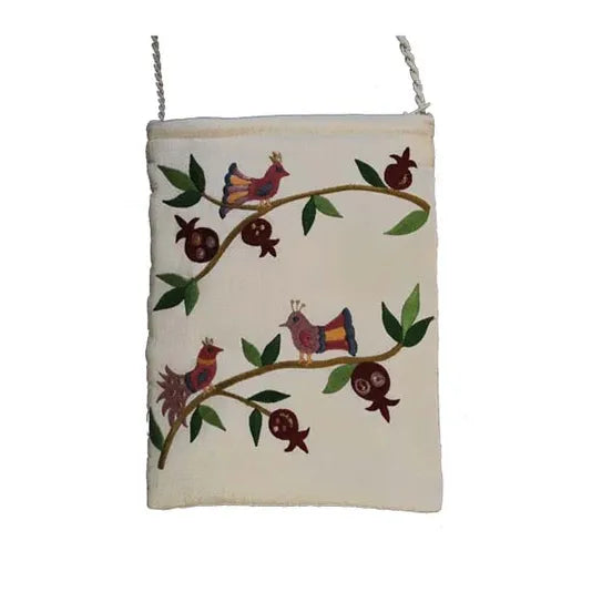 Birds on White Silk Colorful Shabbat Ve Yomtov Embroidered Bag  by Yair Emanuel