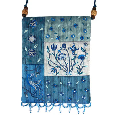 Embroidered Silk Shabbat Bag Blue Floral Design Made By Emanuel