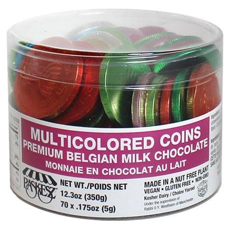 Chanukah Gelt Belgian Milk Chocolate Multicolored Coins in Tub Nut Free Kosher Dairy
