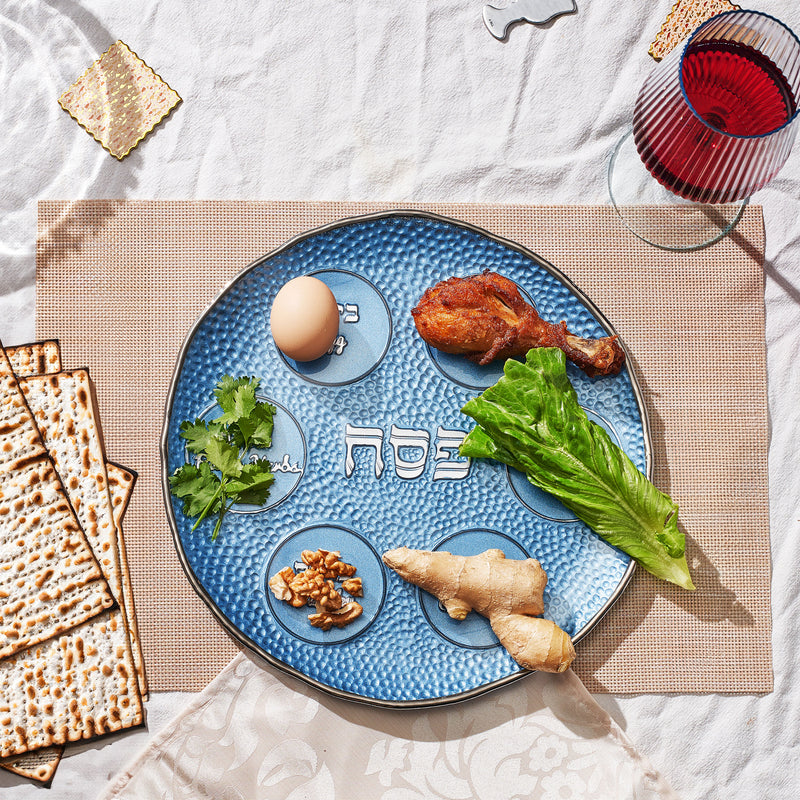 Contemporary Design Blue Pebble Art Glass Hand made Round Seder Plate 12" diameter