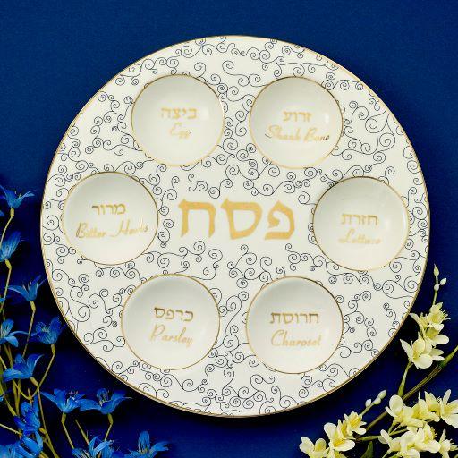 Elegant White & Blue Ceramic Seder Plate With Gold Accents