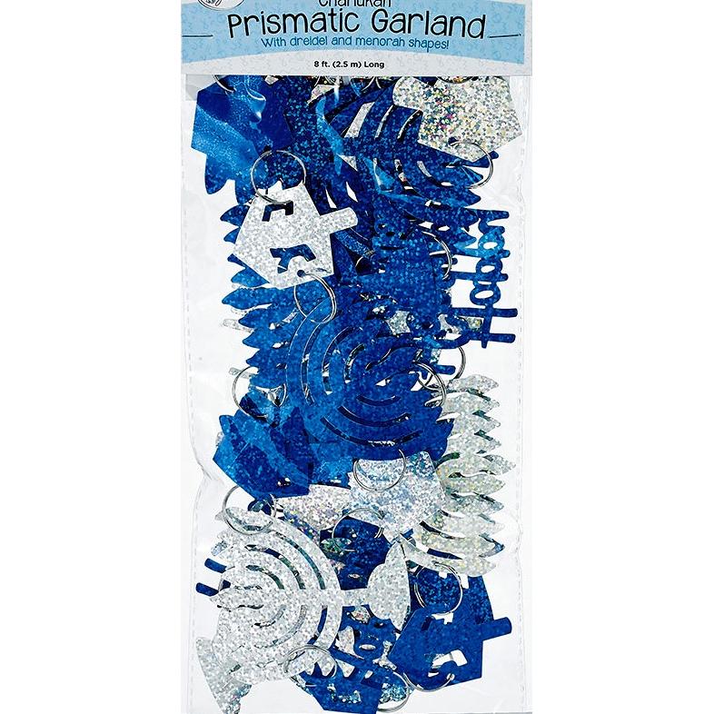 Happy Chanukah Prismatic Garland Blue Silver Menorahs Dreidels 8 Feet