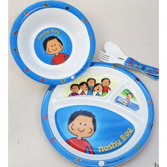 Noshy Boy Kids Melamine 4 Piece Set of Plate, Bowl, Fork and Spoon- Great Children's Gift