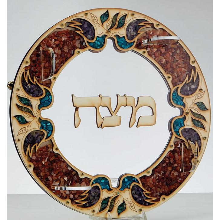 Laser Cut Wooden Matzah Tray With Decorative Stone Chips Hand Made in Israel