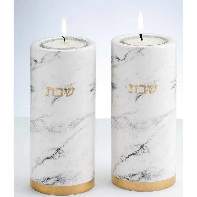 Ceramic Shabbat Candlesticks 5.5" Marble Design Gold Accents Set of 2